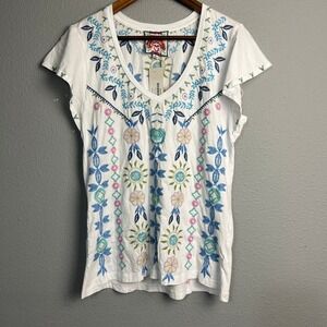 Johnny Was Sundance Oriel Tee Embroidered Floral Flutter Sleeve Top White Size S